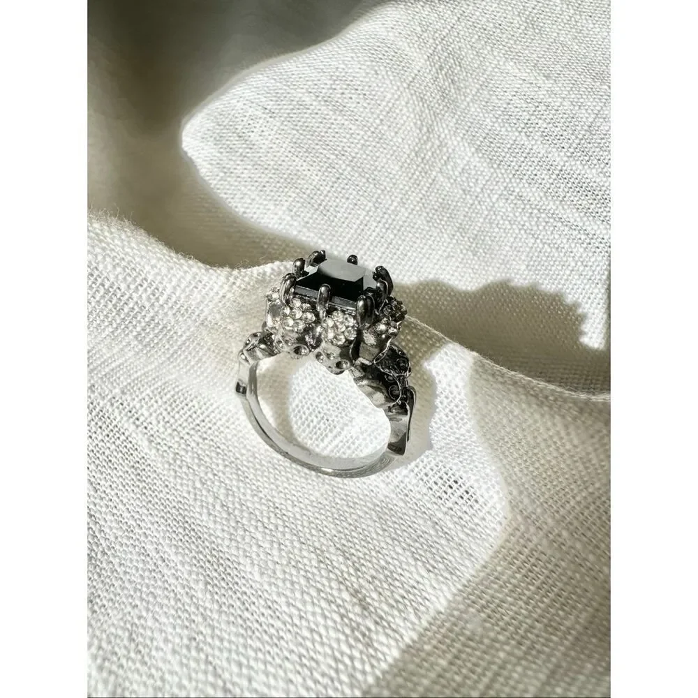 Black Onyx cubic zirconia Halloween skull cocktail ring